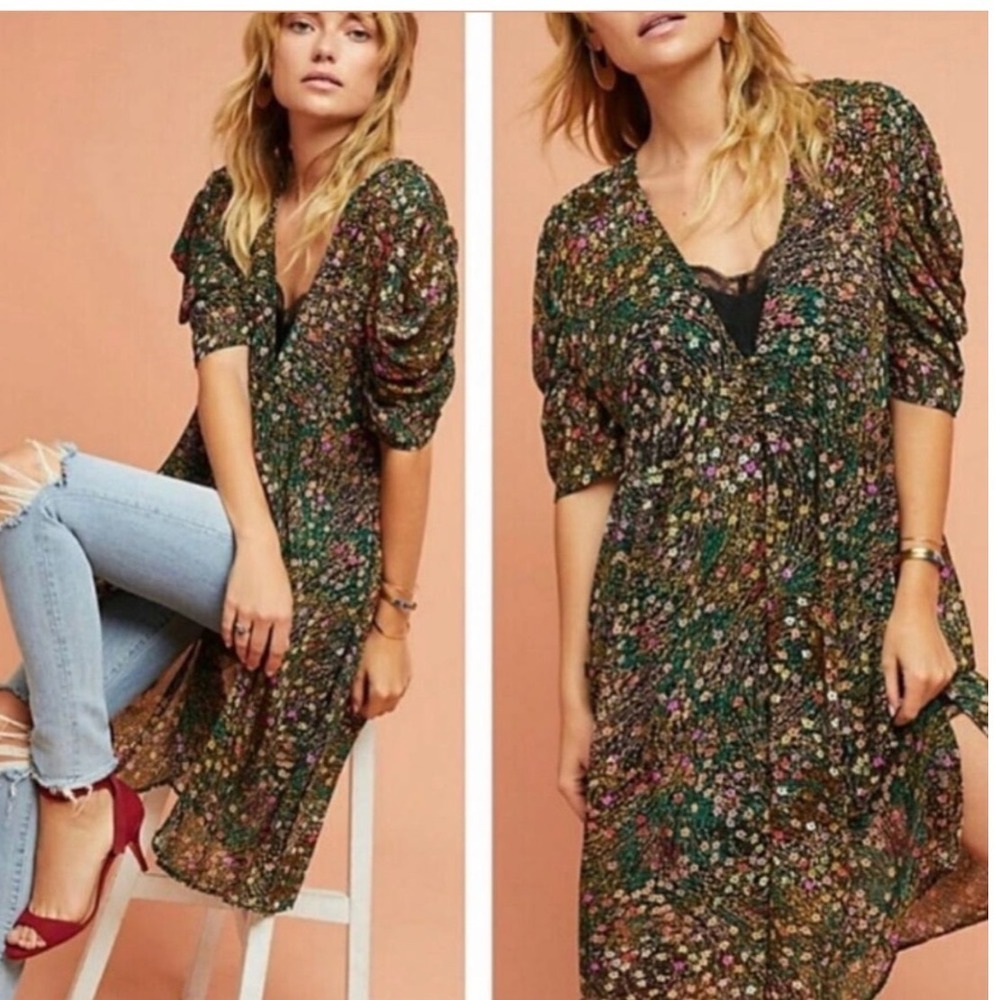 Akemi + Kin Anthropologie Valencia Multi Floral Puff Sleeve Dress Semi Sheer M